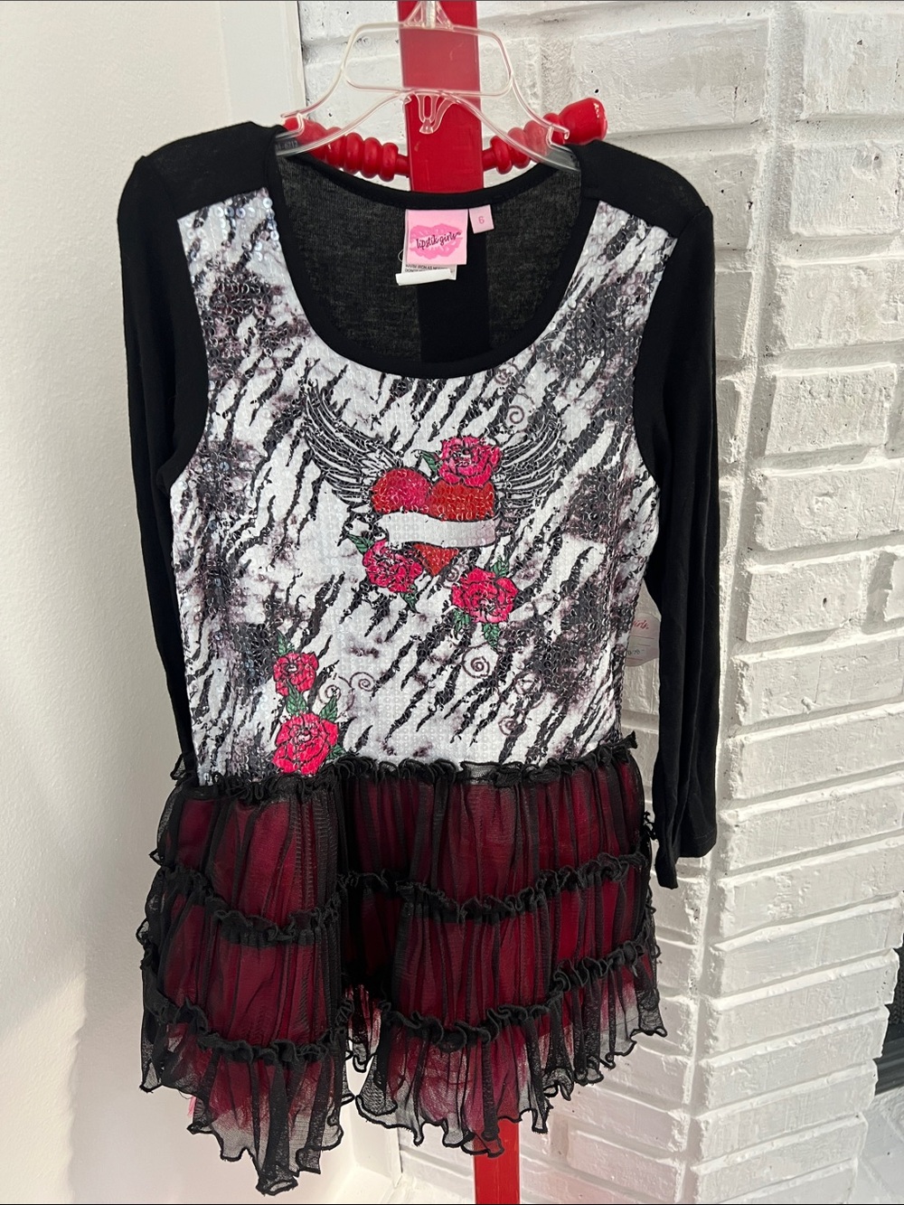 Vintage Girls Black & Burgundy Rose Tulle Party Dress